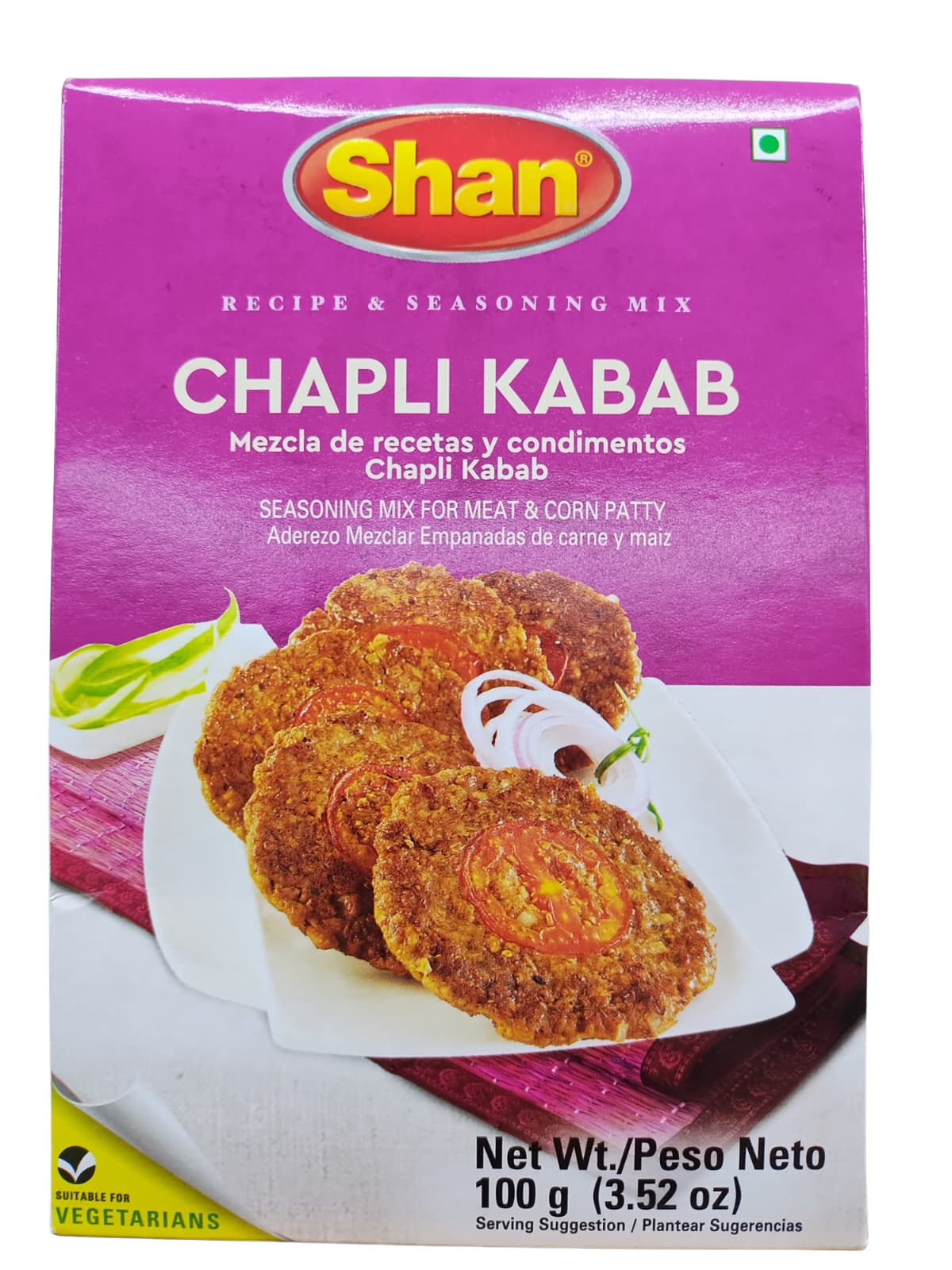 Shan Chapli Kabab seasoning mix packaging with images of the product on a pink background