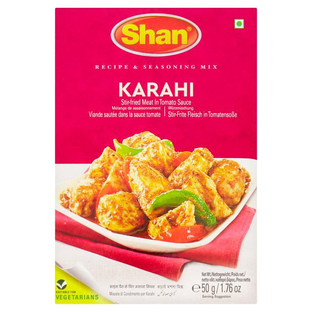 Shan Karahi recipe and seasoning mix packaging with a dish of food on a pink background