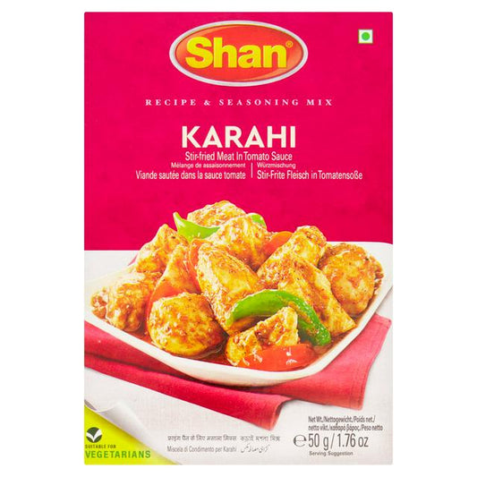 Shan Karahi recipe and seasoning mix packaging with a dish of food on a pink background