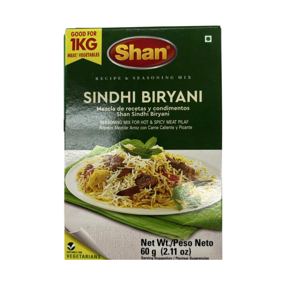 Shan Sindhi Biryani seasoning mix packaging with a dish of biryani on a white background