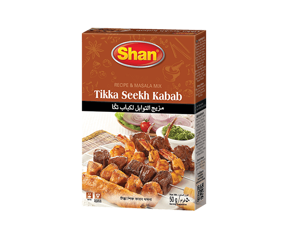 Packaging of Shan Tikka Seekh Kabab Masala with an image of the prepared dish on the front.