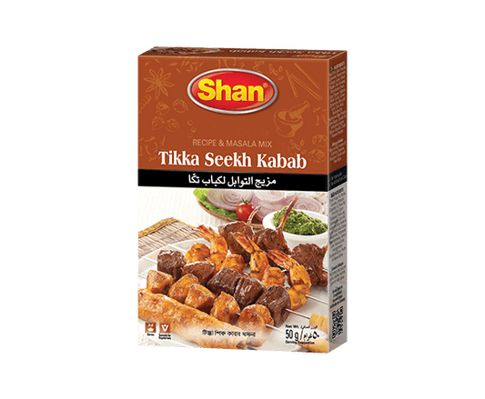Packaging of Shan Tikka Seekh Kabab Masala with an image of the prepared dish on the front.