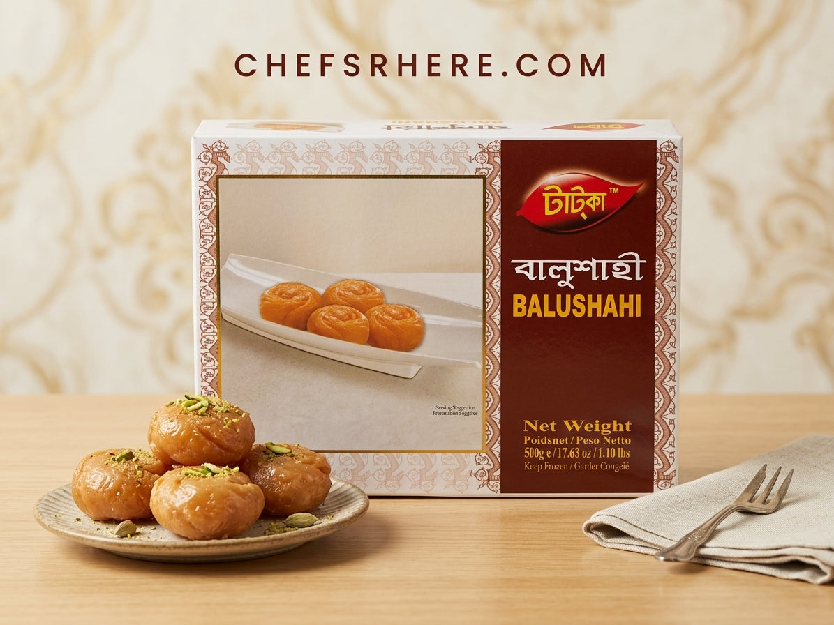 A box of Tatka Balushahi (Indian fried sweet pastry) displayed on a wooden table next to a plate of the pastries and a folded napkin. The background is a warm, patterned cream wall, and the brand name CHEFSRHERE.