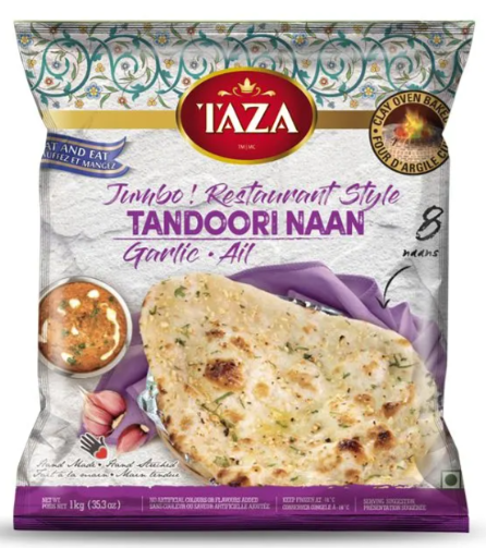 A 1 kg bag of taza Restaurant Style Tandoori Naan Garlic-Ail, showing the product packaging with a photo of the cooked naan on the front.