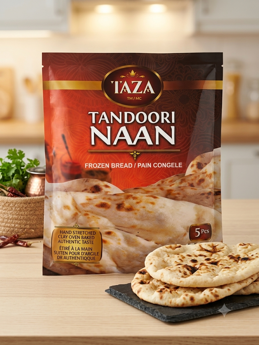 A package of TAZA Tandoori Naan frozen bread stands on a wooden countertop in a kitchen setting, with several baked naan breads stacked on a dark slate plate in front of the package.