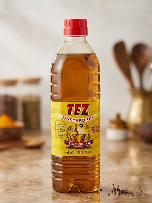 A bottle of TEZ Mustard Oil with a red cap and yellow label, standing on a countertop with blurred kitchen utensils in the background.