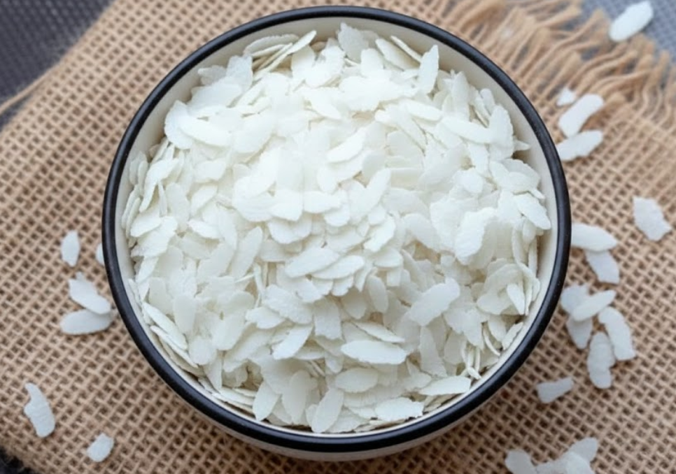 Black bowl filled with white rice on a textured brown surface