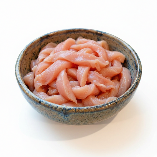Raw zabiha halal sliced pink meat, likely chicken, piled in a small speckled ceramic bowl on a white background.