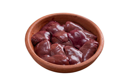Bowl of raw liver on a white background