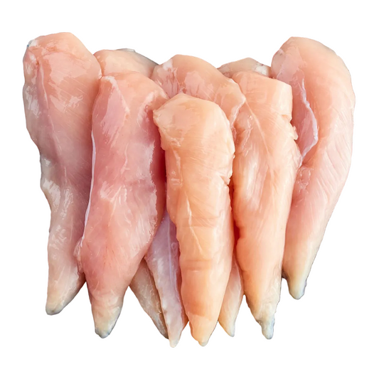 Raw zabiha halal chicken fillets on a white background