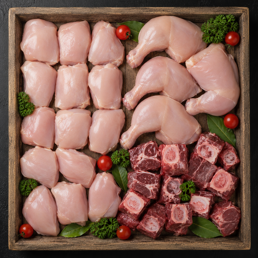 Raw zabiha halal mixed meat assortment in a wooden tray, including pale pink chicken pieces, red marbled beef cubes, and garnished with parsley and cherry tomatoes on a dark background.