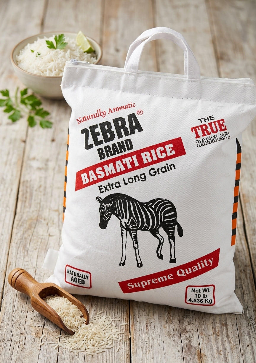 A white bag of Zebra Brand Basmati Rice sits on a rustic wooden table, with a small bowl of prepared rice and a wooden scoop in the background. The bag features the black-and-white zebra logo and red and black text.